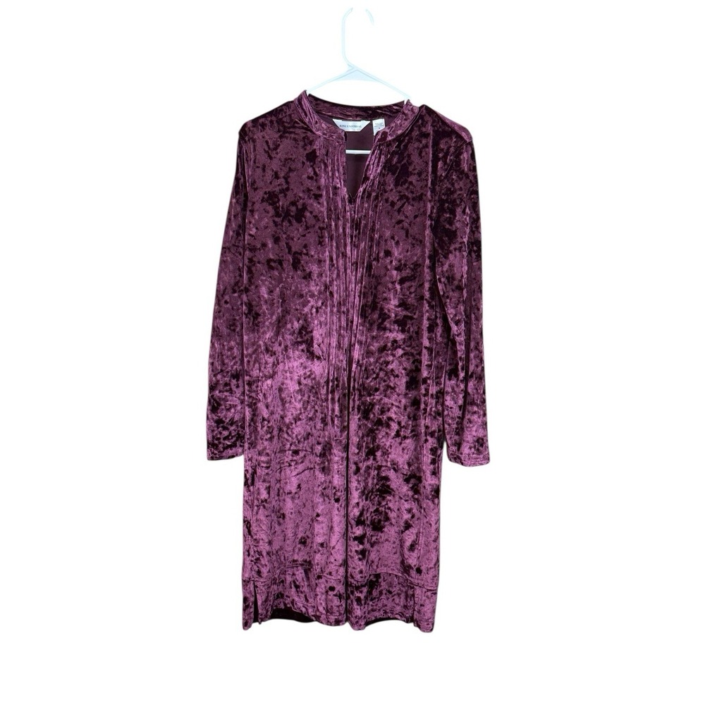King Universal Womens Velvet Midi Dress Medium Pleated Front Maroon Stretch‎ NWT